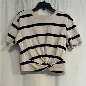 Tanya Taylor Striped Knot Cropped Tee Crop Top Cream/Black Striped 1X